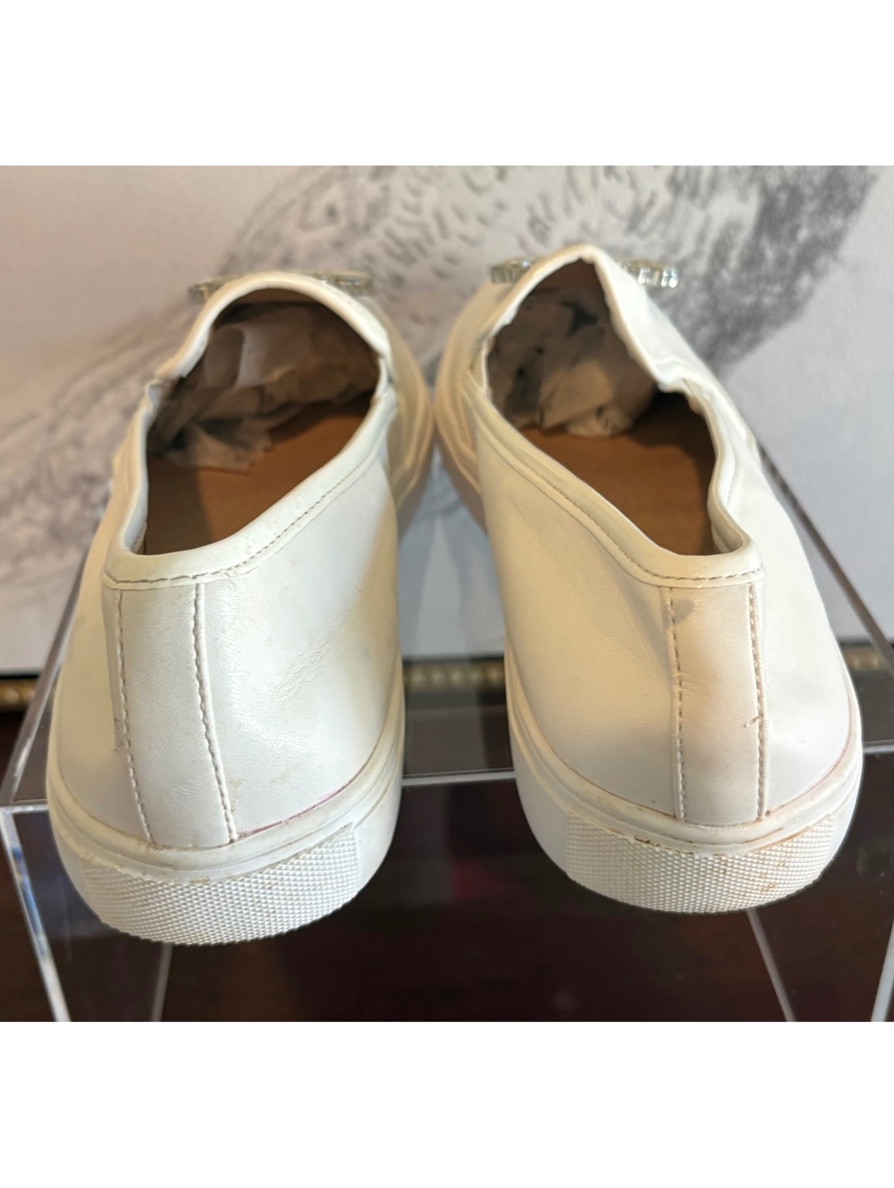 Donald Pliner White Leather Slip-On Sneakers with Decorative Silver Buckle, Size - Picture 3 of 5